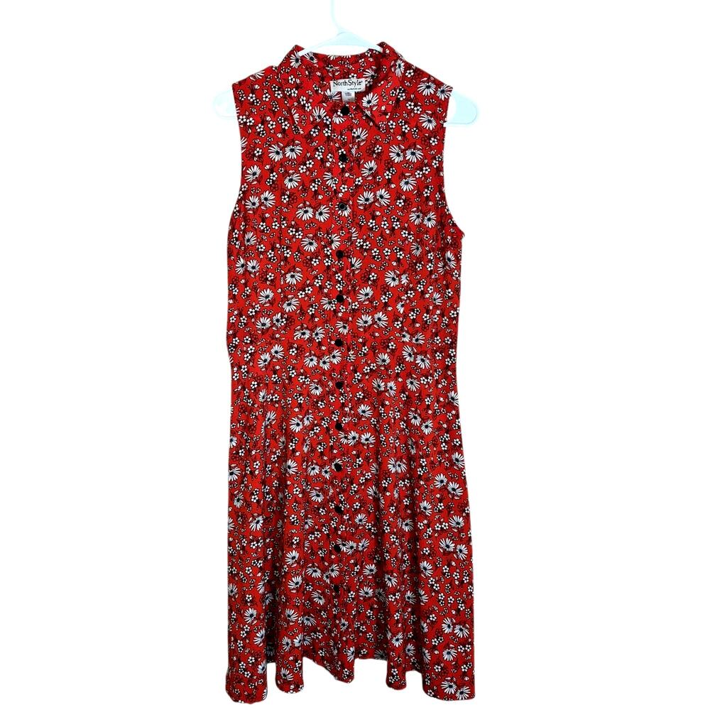 Vintage North Style Sleeveless Button-down Shirt Dress Bright Red Floral 6